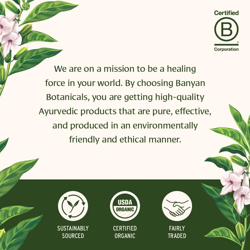 Banyan Botanicals primeros planos de ingredientes orgánicos mostrando calidad botánica