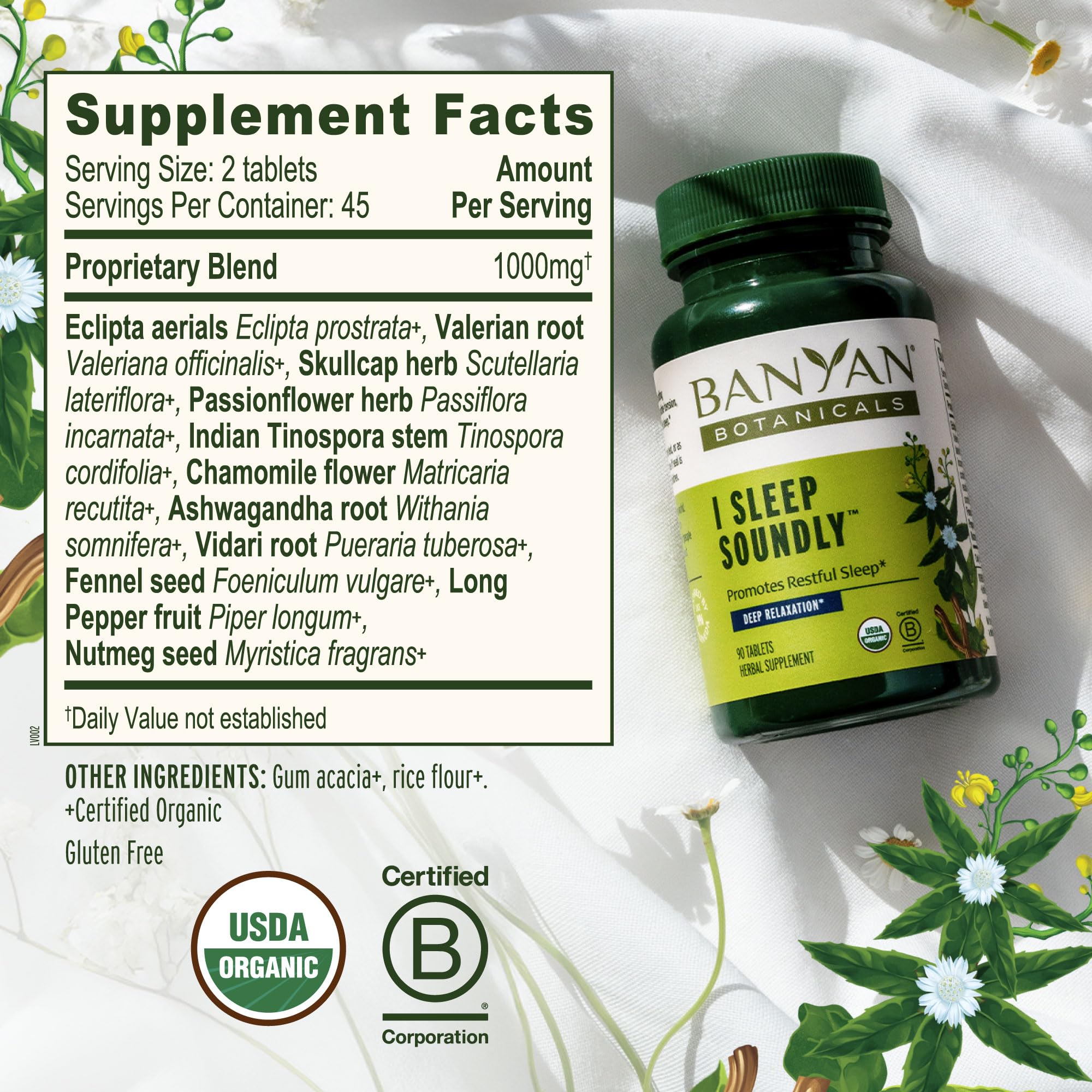Banyan Botanicals ingredientes secos como ashwagandha y valeriana que ilustran la fórmula herbal