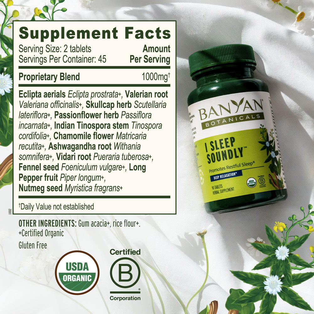 Banyan Botanicals ingredientes secos como ashwagandha y valeriana que ilustran la fórmula herbal