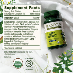 Banyan Botanicals ingredientes secos como ashwagandha y valeriana que ilustran la fórmula herbal