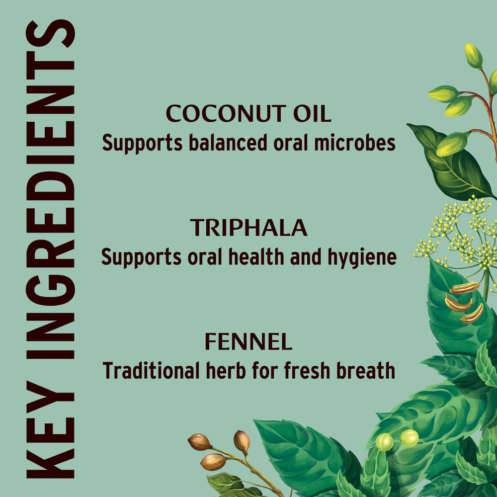 Banyan Botanicals persona practicando oil pulling para sensación de frescura