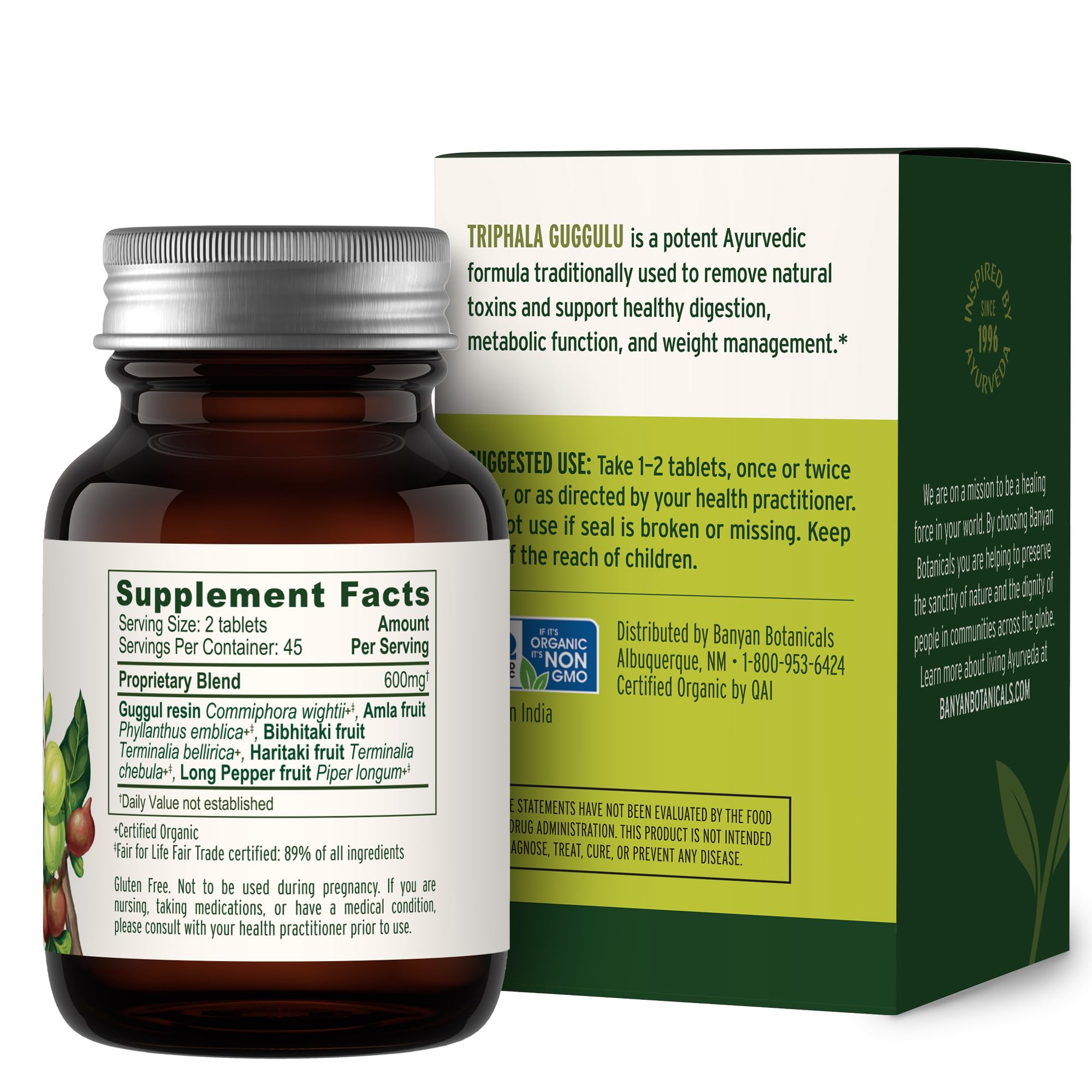 Banyan Botanicals vista lateral del frasco de 90 tabletas resaltando cantidad del envase