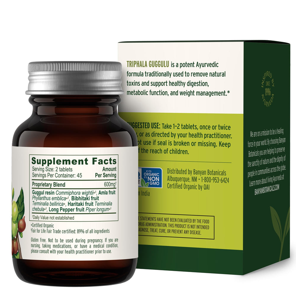 Banyan Botanicals vista lateral del frasco de 90 tabletas resaltando cantidad del envase