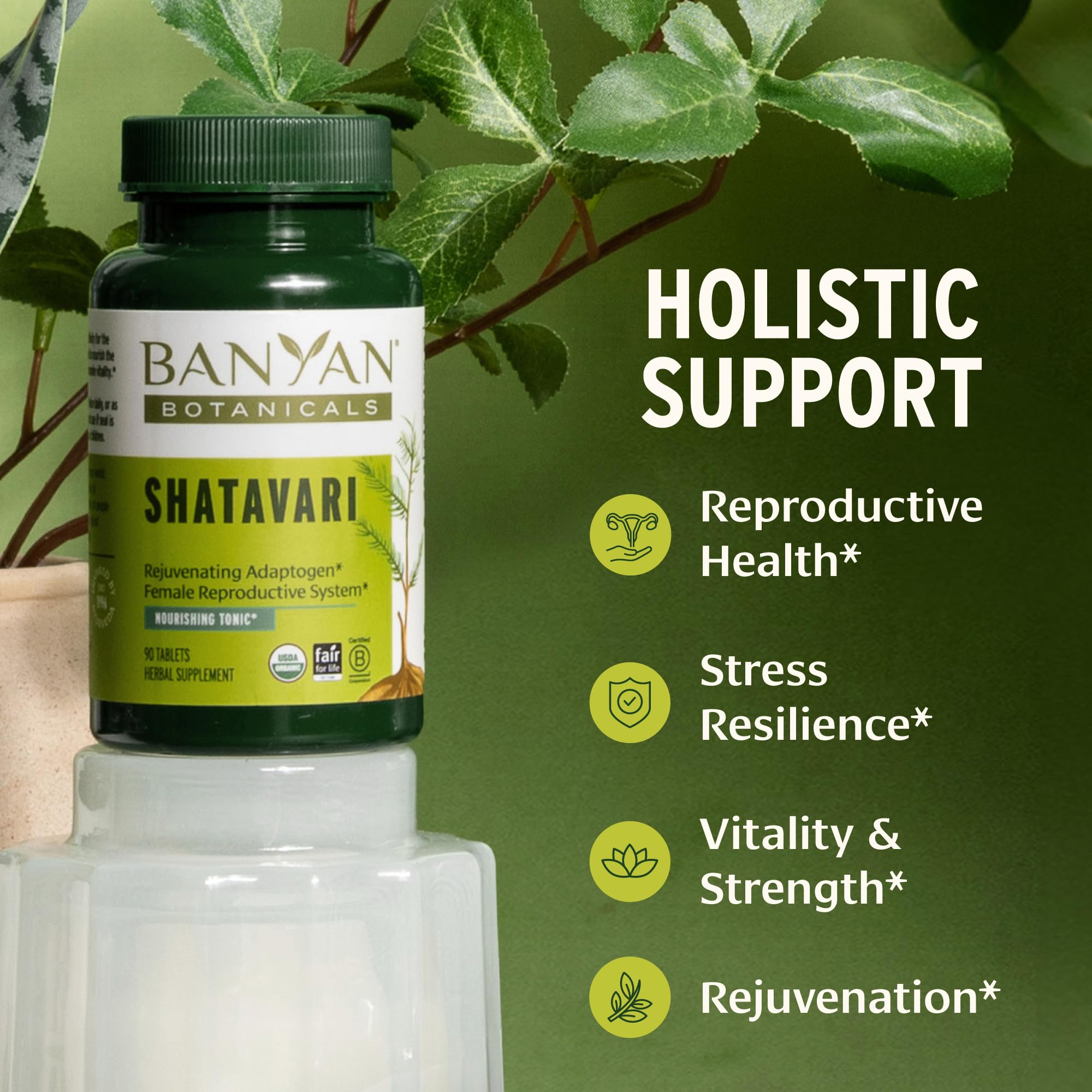 Banyan Botanicals primer plano de tabletas mostrando textura y pureza