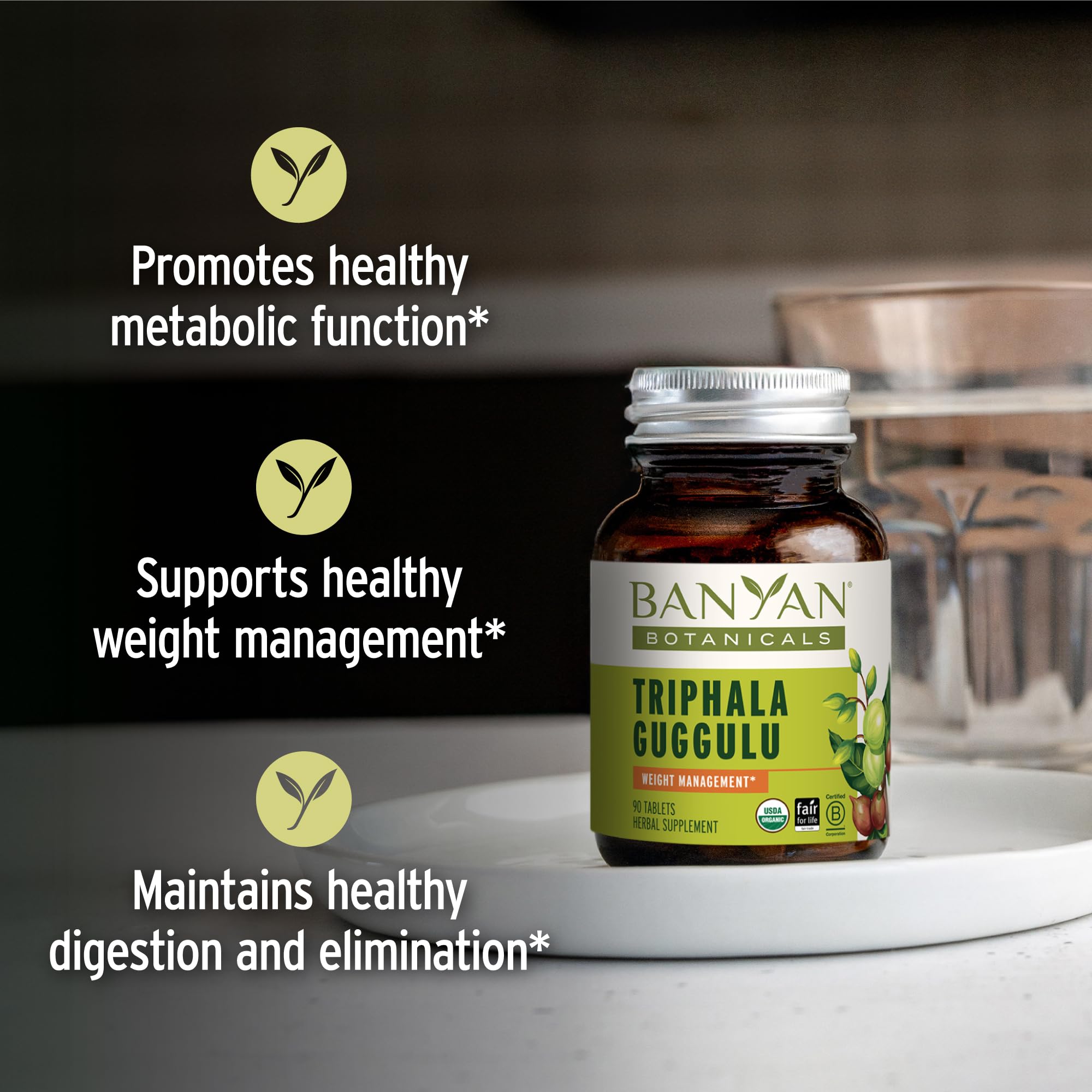 Banyan Botanicals textura de tabletas Triphala Guggulu detalle para dosificación segura