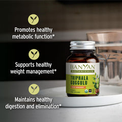 Banyan Botanicals textura de tabletas Triphala Guggulu detalle para dosificación segura