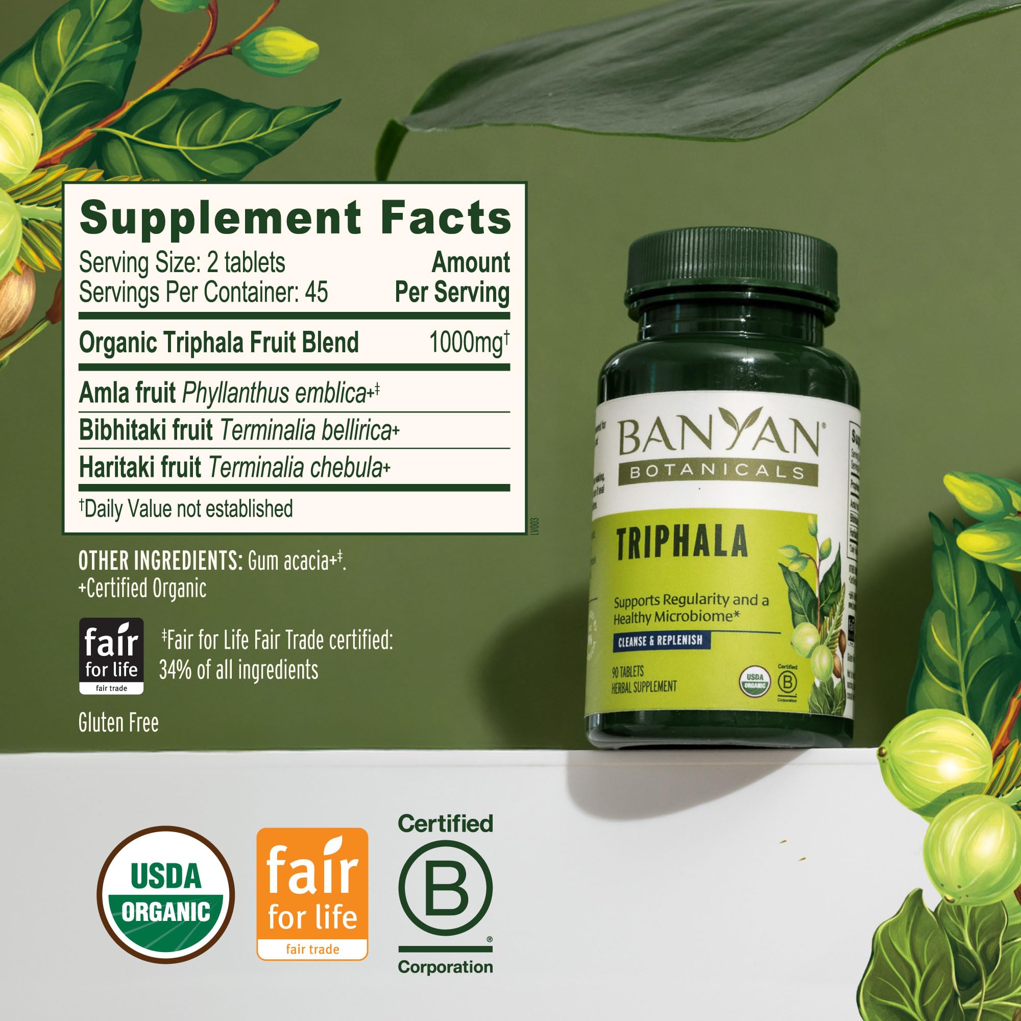 Tabletas Banyan Botanicals en mano para comparar escala y mostrar dosis práctica y manejo sencillo