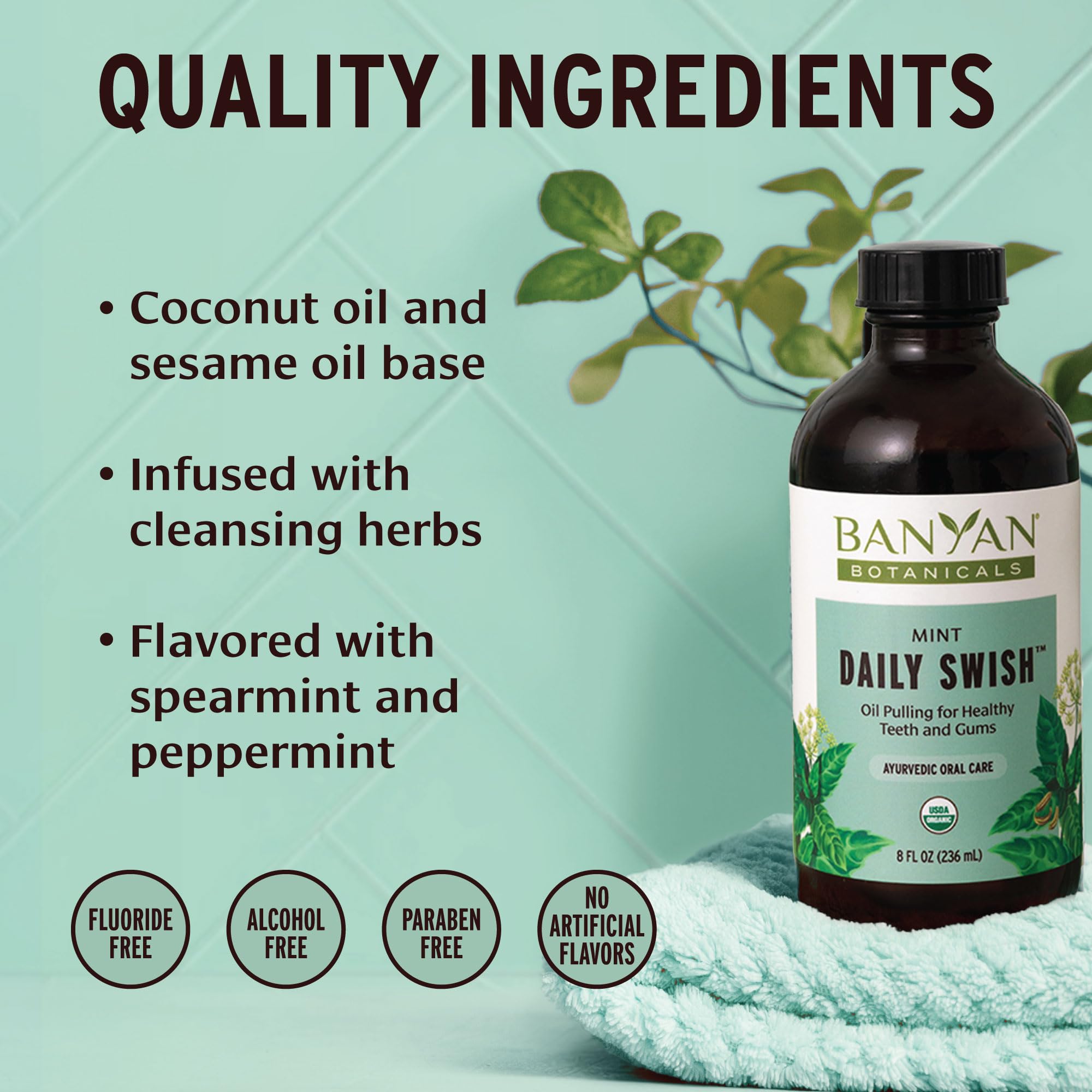 Banyan Botanicals aceite en cuchara mostrando textura ligera y facilidad de enjuague