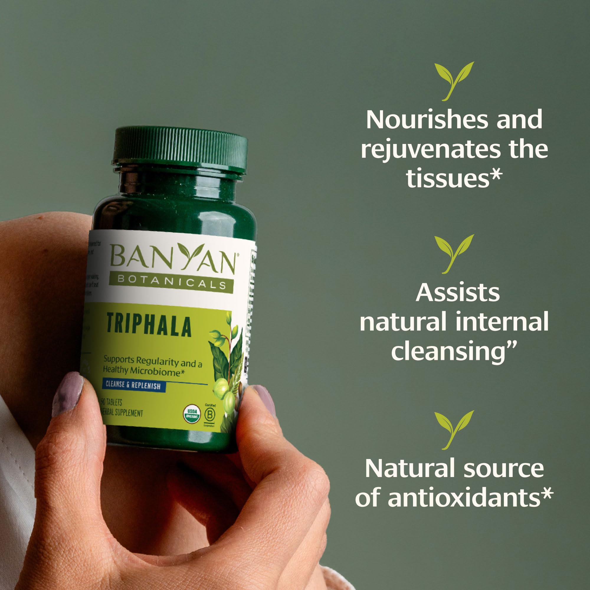 Banyan Botanicals primer plano de tabletas, textura compacta y fácil de tragar