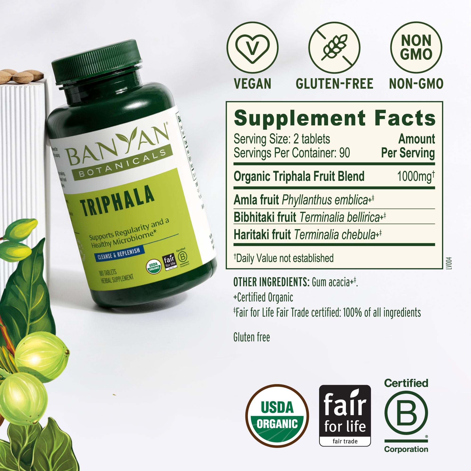 Banyan Botanicals polvo de Triphala en cucharilla, evidencia de ingredientes orgánicos