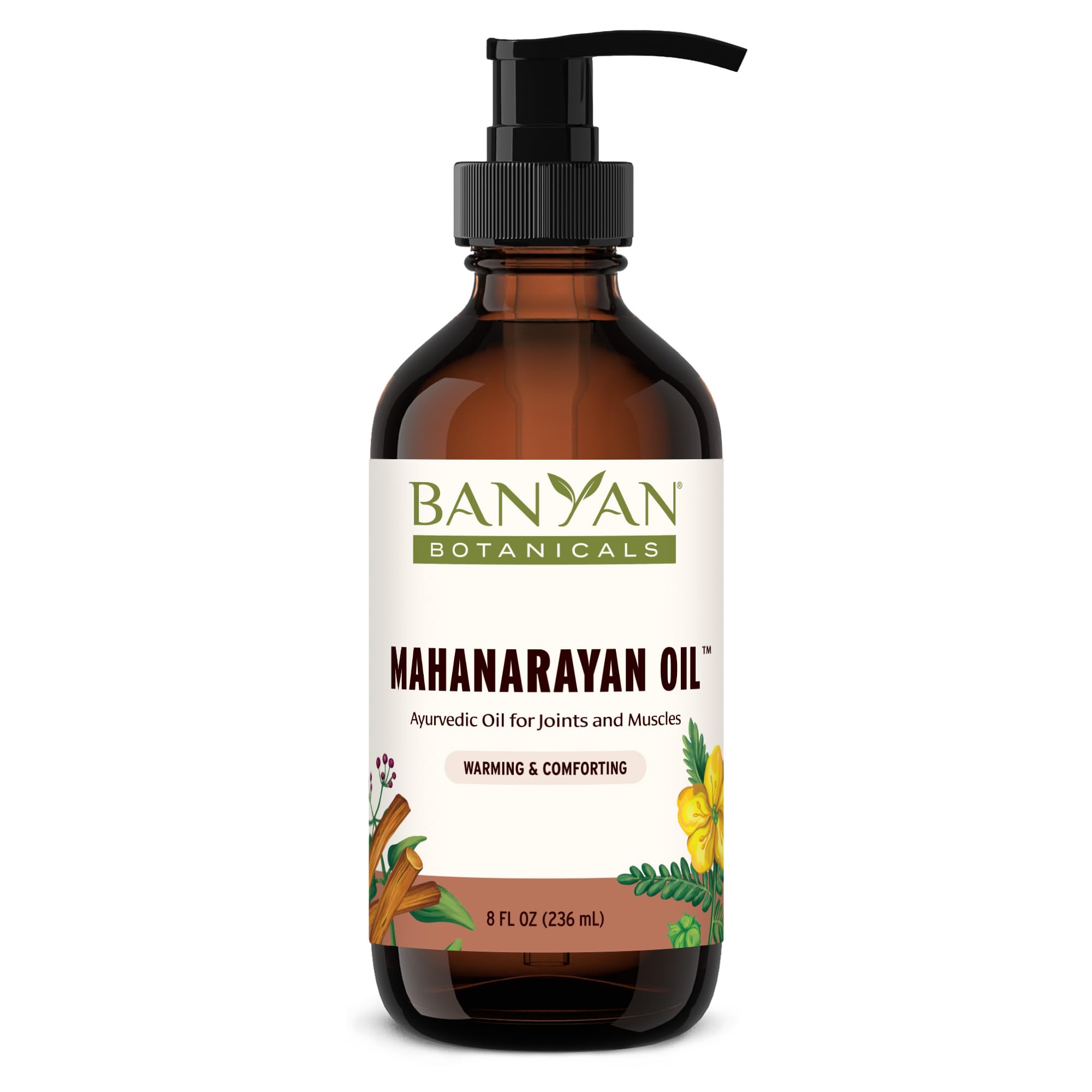 Banyan Botanicals Mahanarayan Oil frasco frontal mostrando etiqueta orgánica