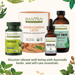 Banyan Botanicals frasco junto a una métrica para comparar tamaño 8 oz
