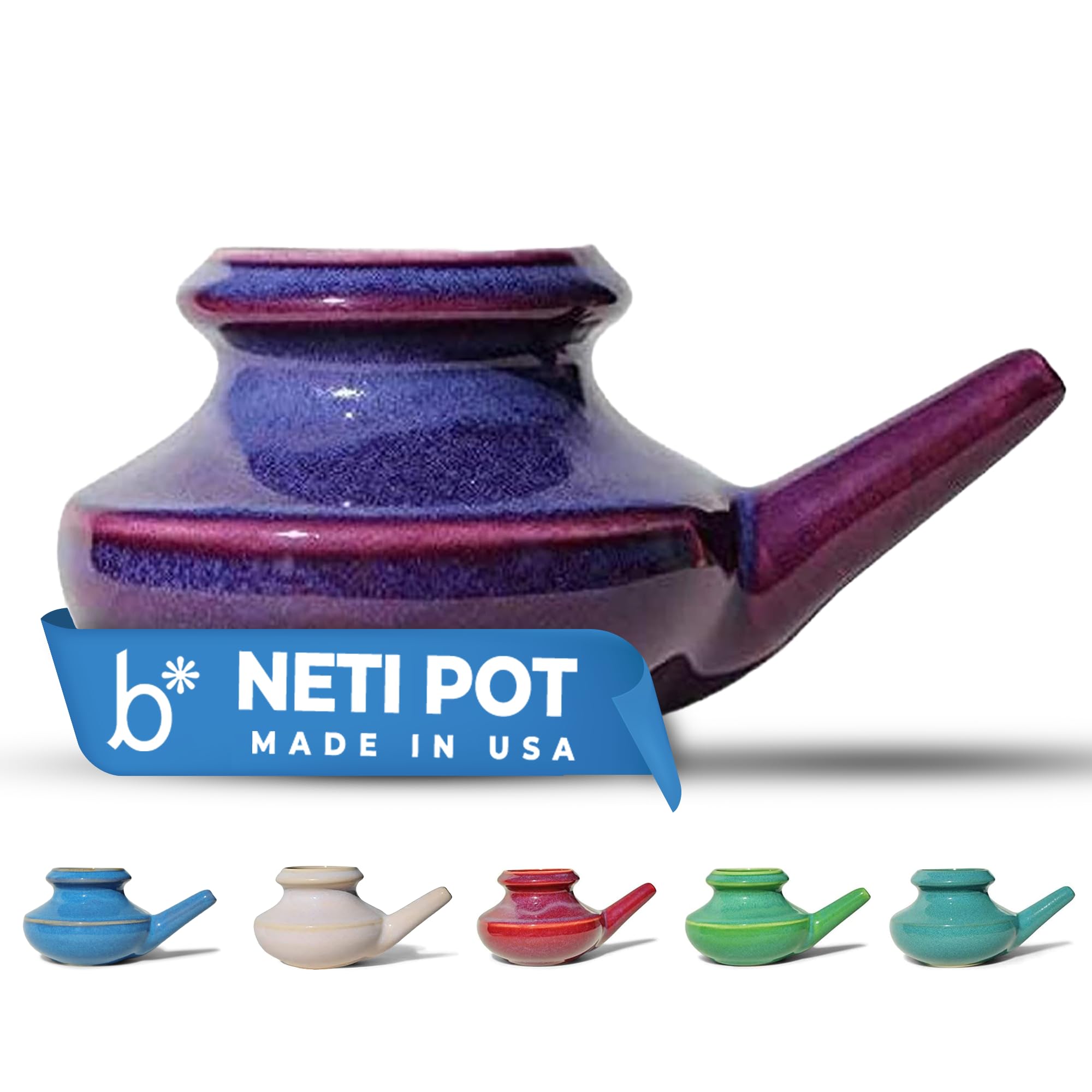 Baraka neti pot frontal púrpura mostrando forma ergonómica y beneficio de agarre cómodo