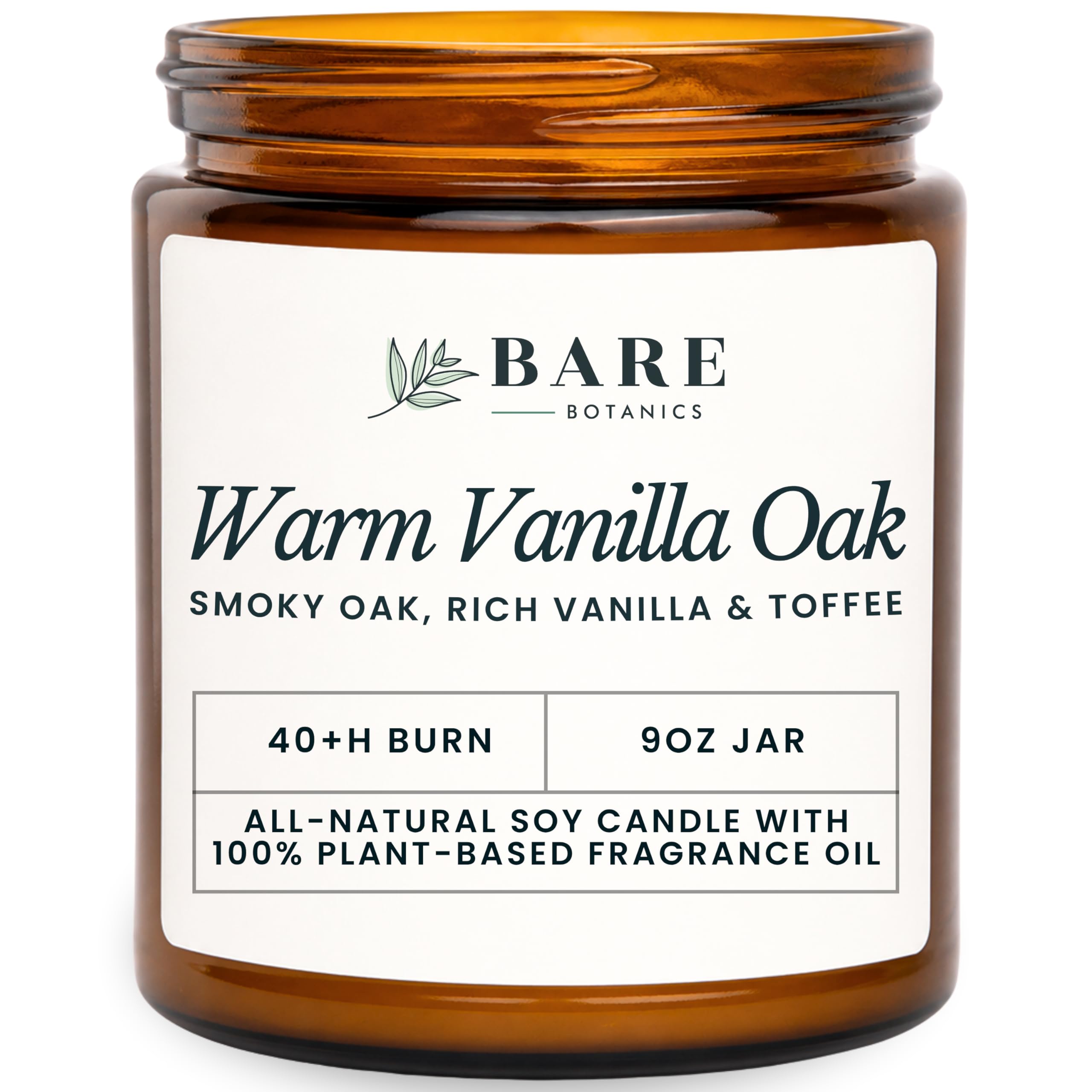 Bare Botanics vela frontal en frasco ámbar, aroma reconfortante