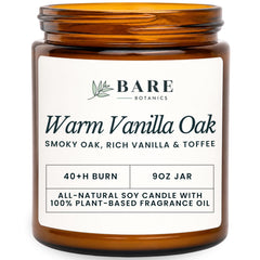 Bare Botanics vela frontal en frasco ámbar, aroma reconfortante