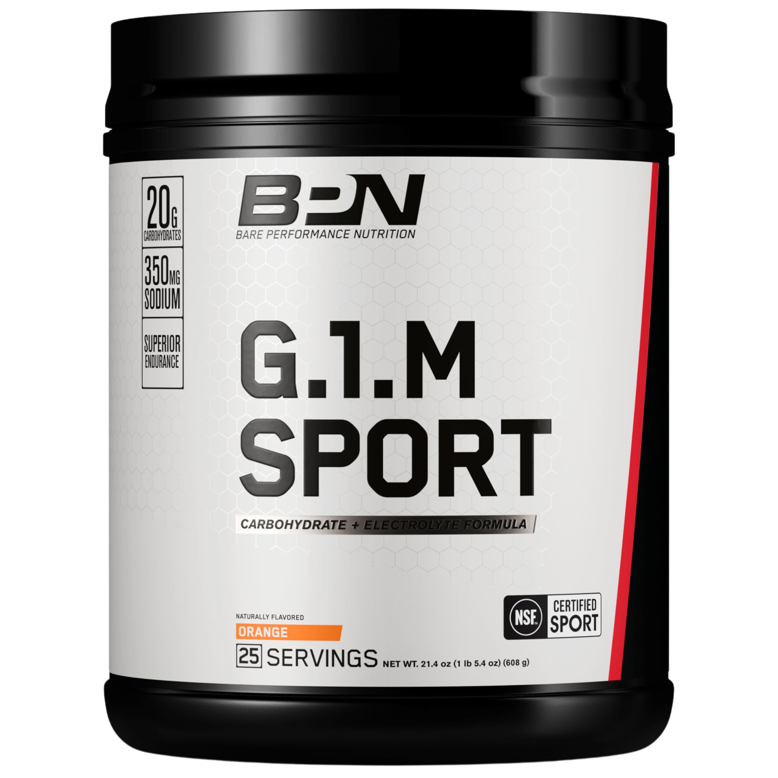 BARE PERFORMANCE NUTRITION frente del envase que muestra 25 servicios y sabor naranja