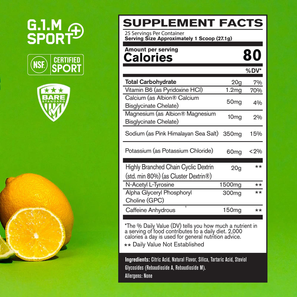 BARE PERFORMANCE NUTRITION etiqueta en primer plano destacando ingredientes clave y certificación