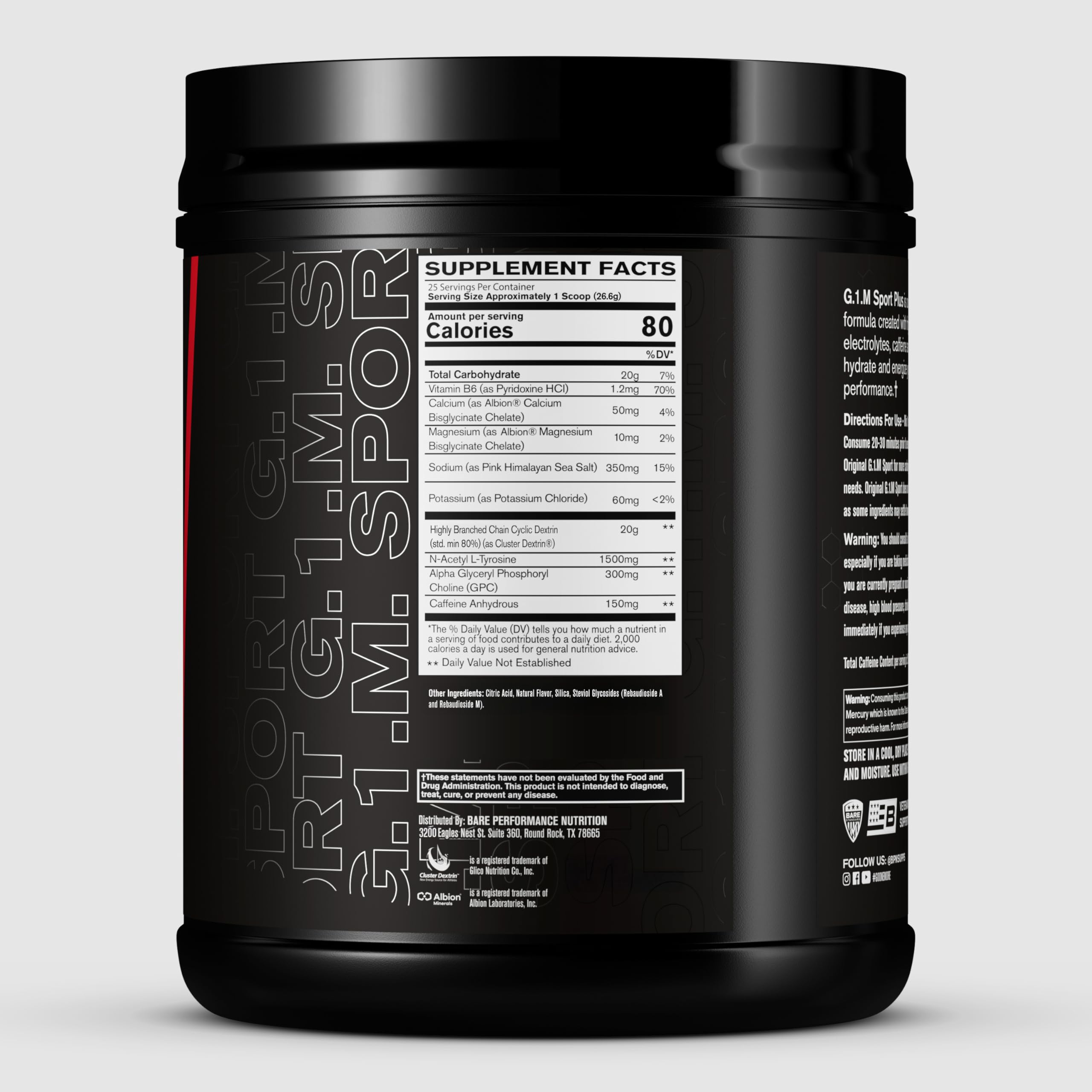 BARE PERFORMANCE NUTRITION etiqueta nutricional con datos de carbohidratos y sodio