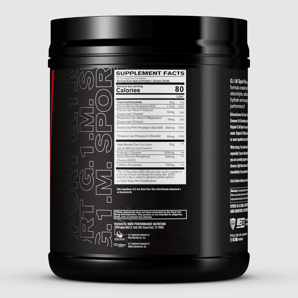 BARE PERFORMANCE NUTRITION etiqueta nutricional con datos de carbohidratos y sodio