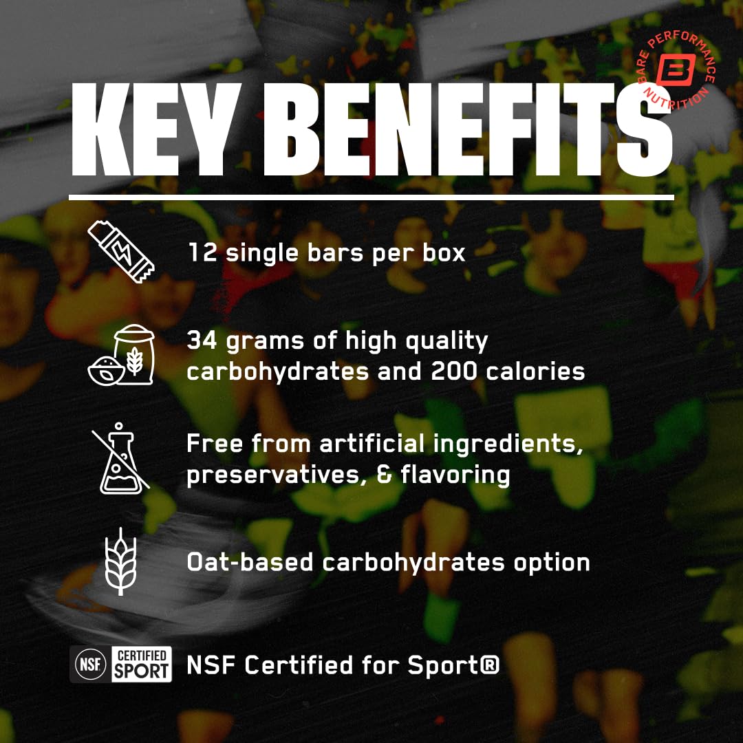 BARE PERFORMANCE NUTRITION caja abierta con 12 barras mostrando porciones de 200 calorías cada una
