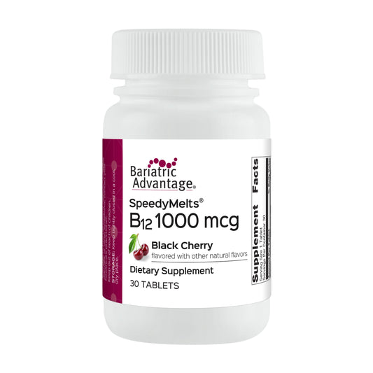 Bariatric Advantage frente del envase mostrando 30 unidades y sabor cereza negra, fácil identificación