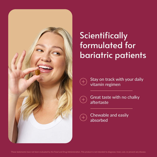 Bariatric Advantage tabletas masticables en mano, textura blanda que facilita la toma