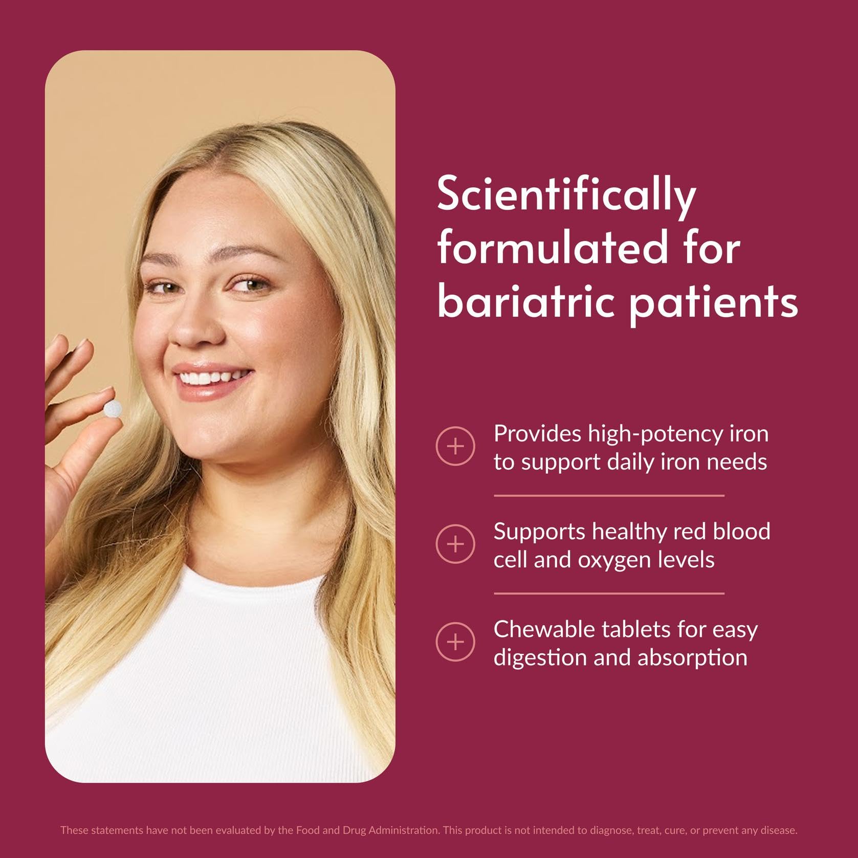 Bariatric Advantage tabletas masticables en mano para fácil ingestión después de cirugía