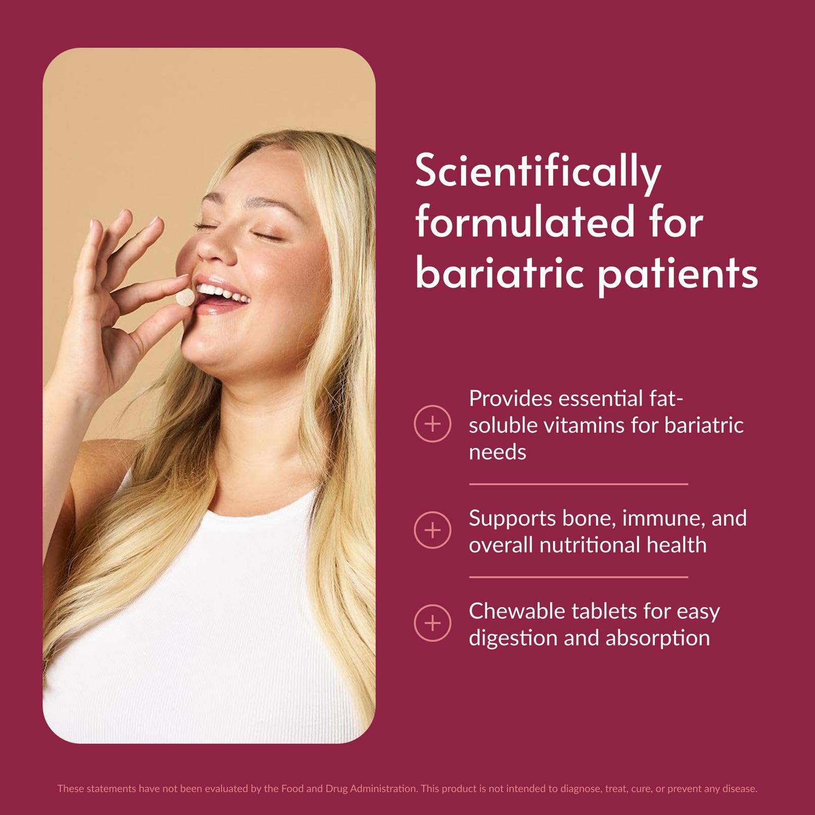 Bariatric Advantage primer plano de tabletas masticables con textura visible y sabor tropical