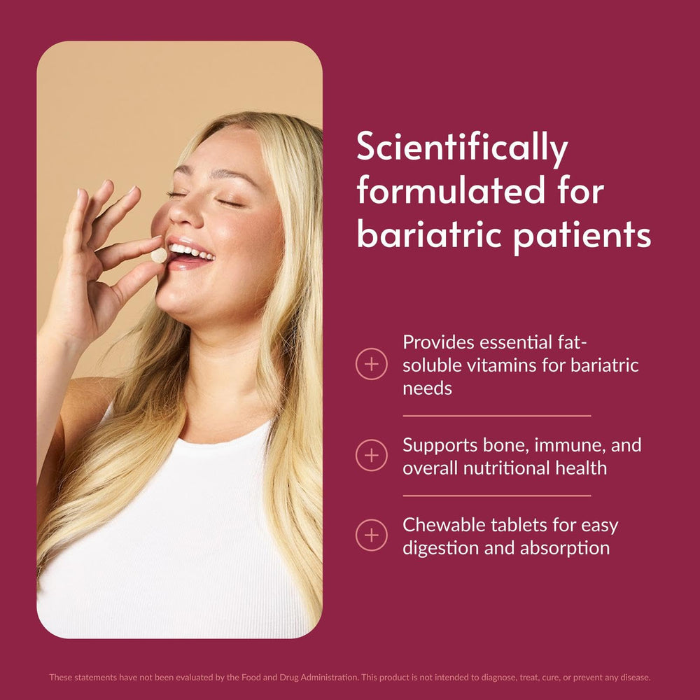 Bariatric Advantage primer plano de tabletas masticables con textura visible y sabor tropical