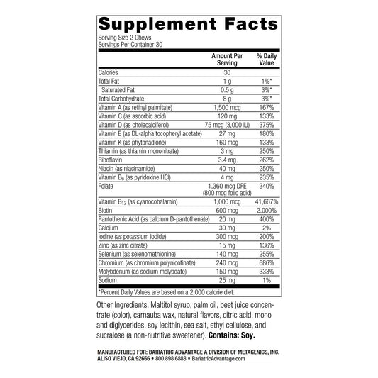 Bariatric Advantage Multi Chewy Bite, textura suave para masticar a diario.