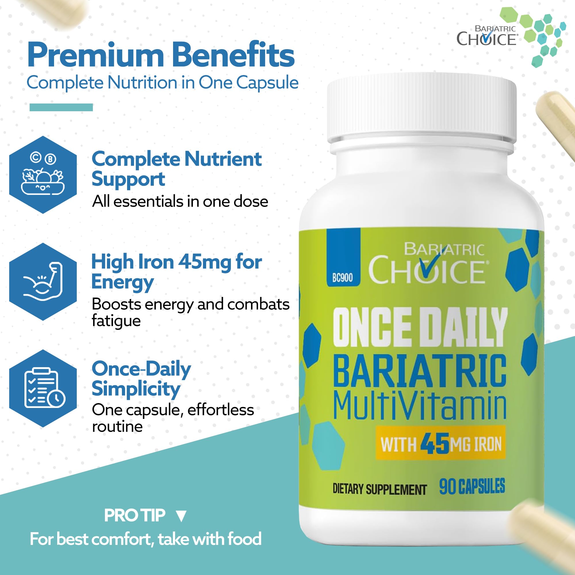 Bariatric Choice cápsula en mano demostrando tamaño fácil de tragar