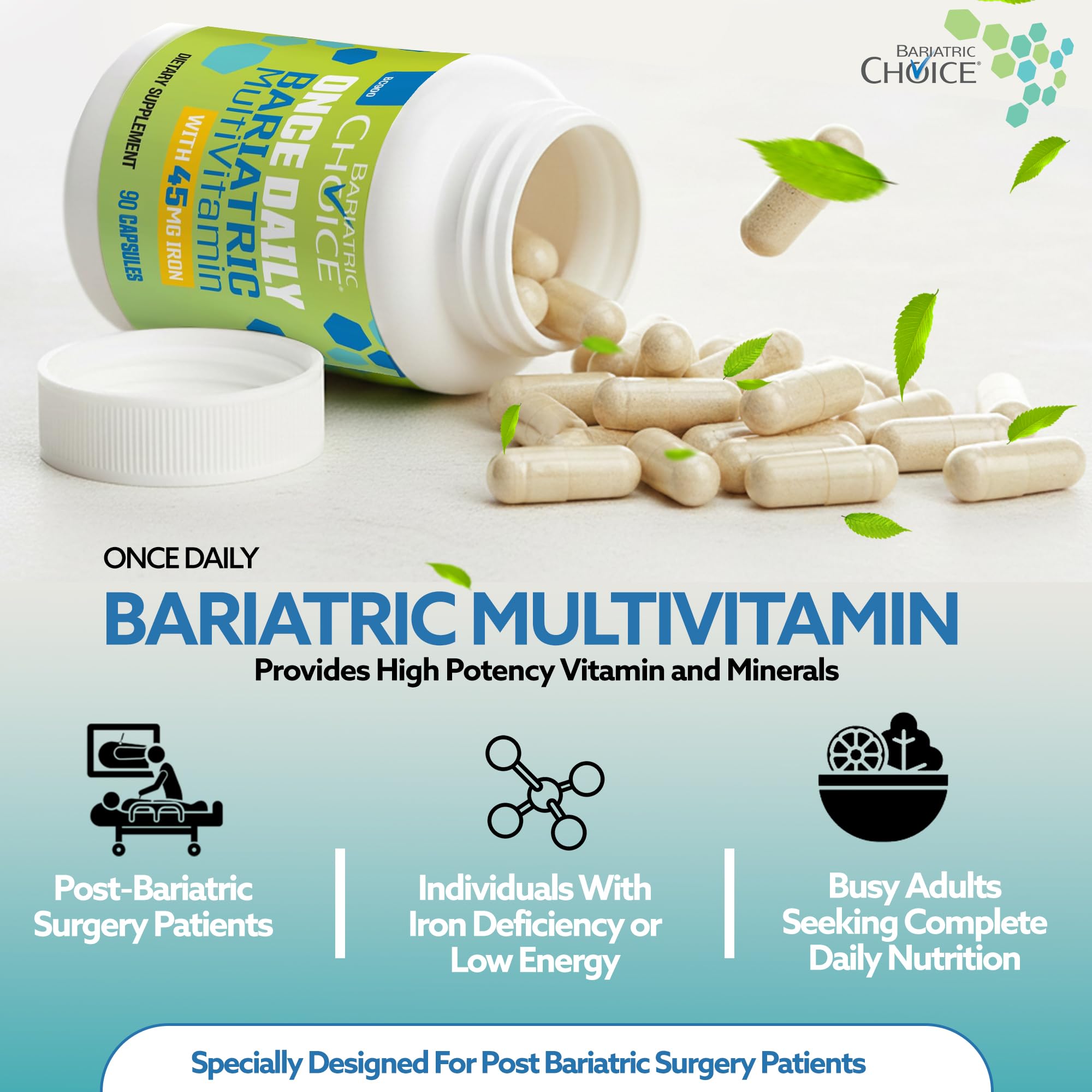 Bariatric Choice lista de ingredientes destacando 45 mg de hierro