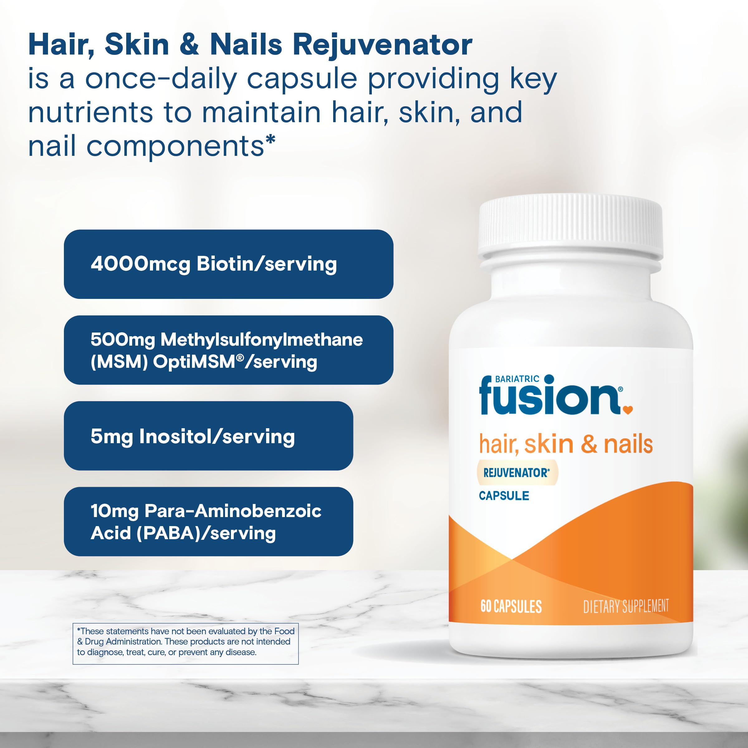 Bariatric Fusion frasco y caja presentados en mesa, aspecto profesional