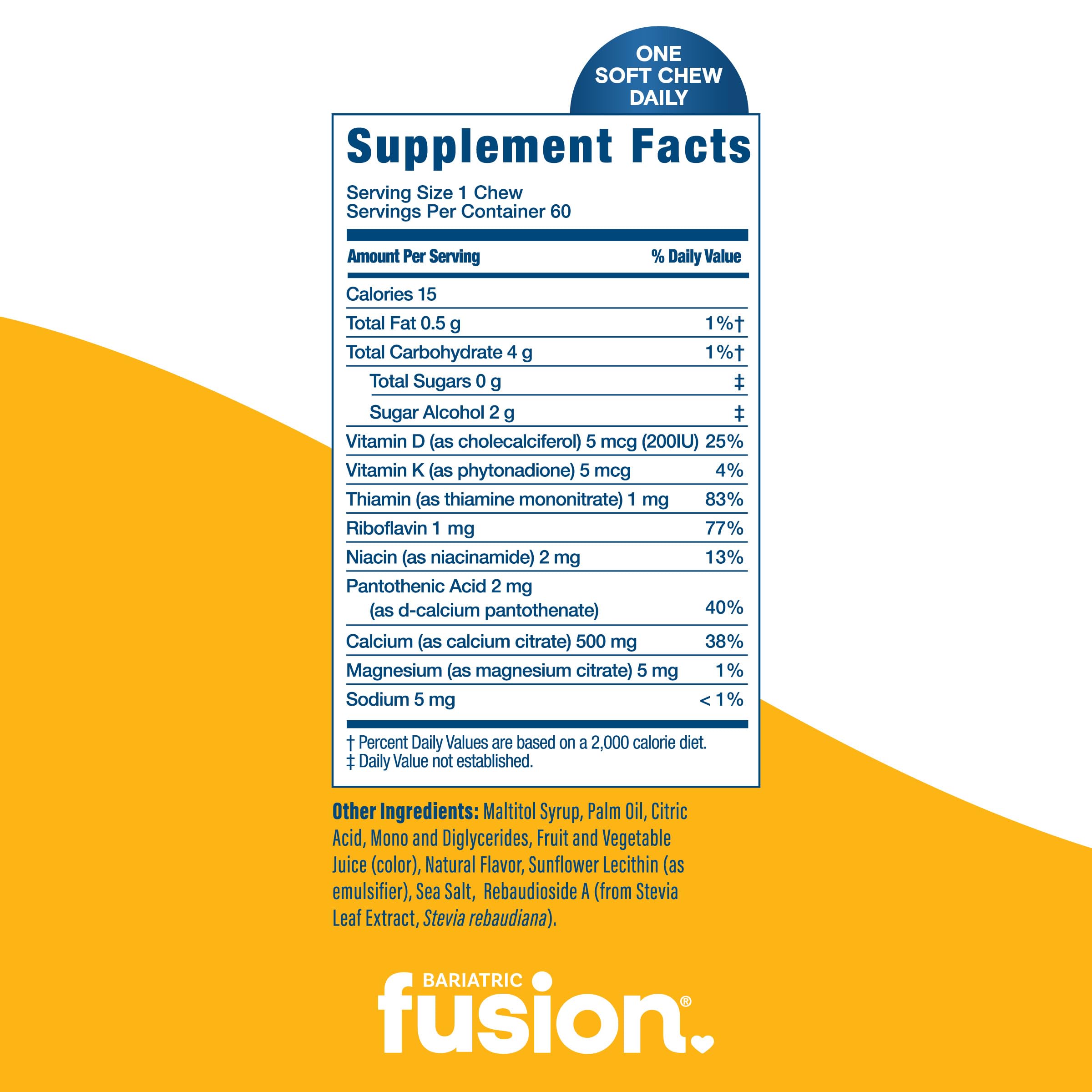 Bariatric Fusion masticable junto a una moneda para comparar tamaño y porción