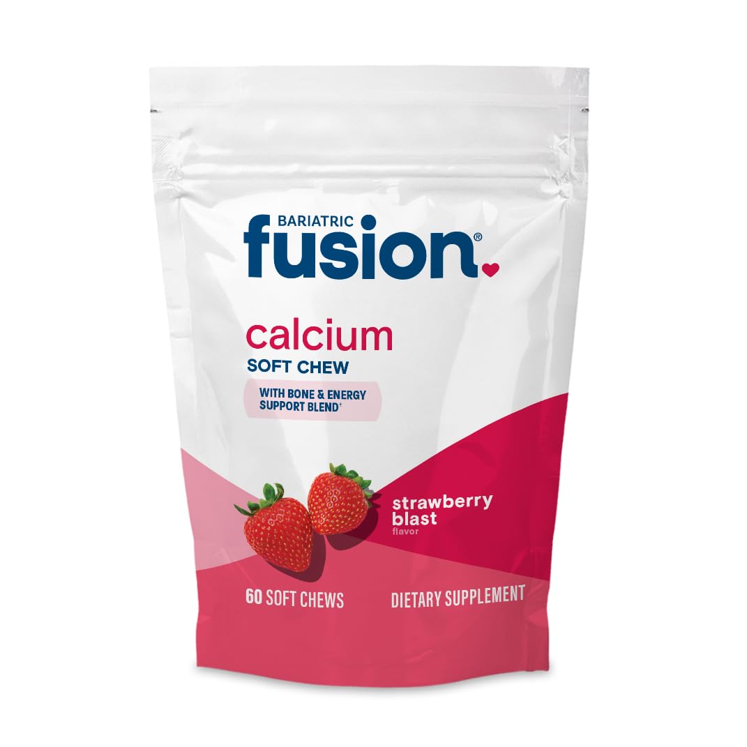 Bariatric Fusion frasco frontal mostrando 60 masticables y beneficio de cumplimiento diario