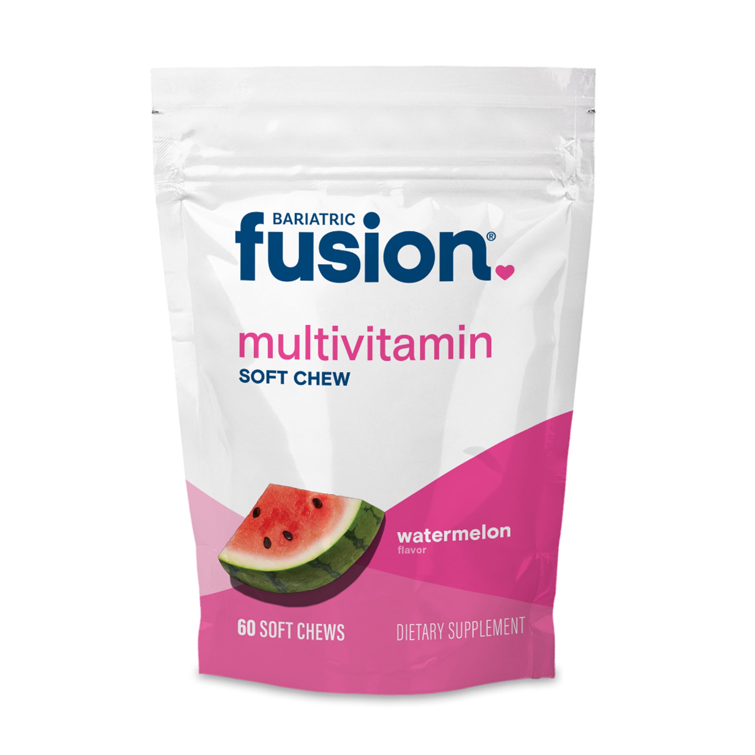 Bariatric Fusion frente del envase mostrando 60 masticables y sabor sandía, conveniente para post cirugía