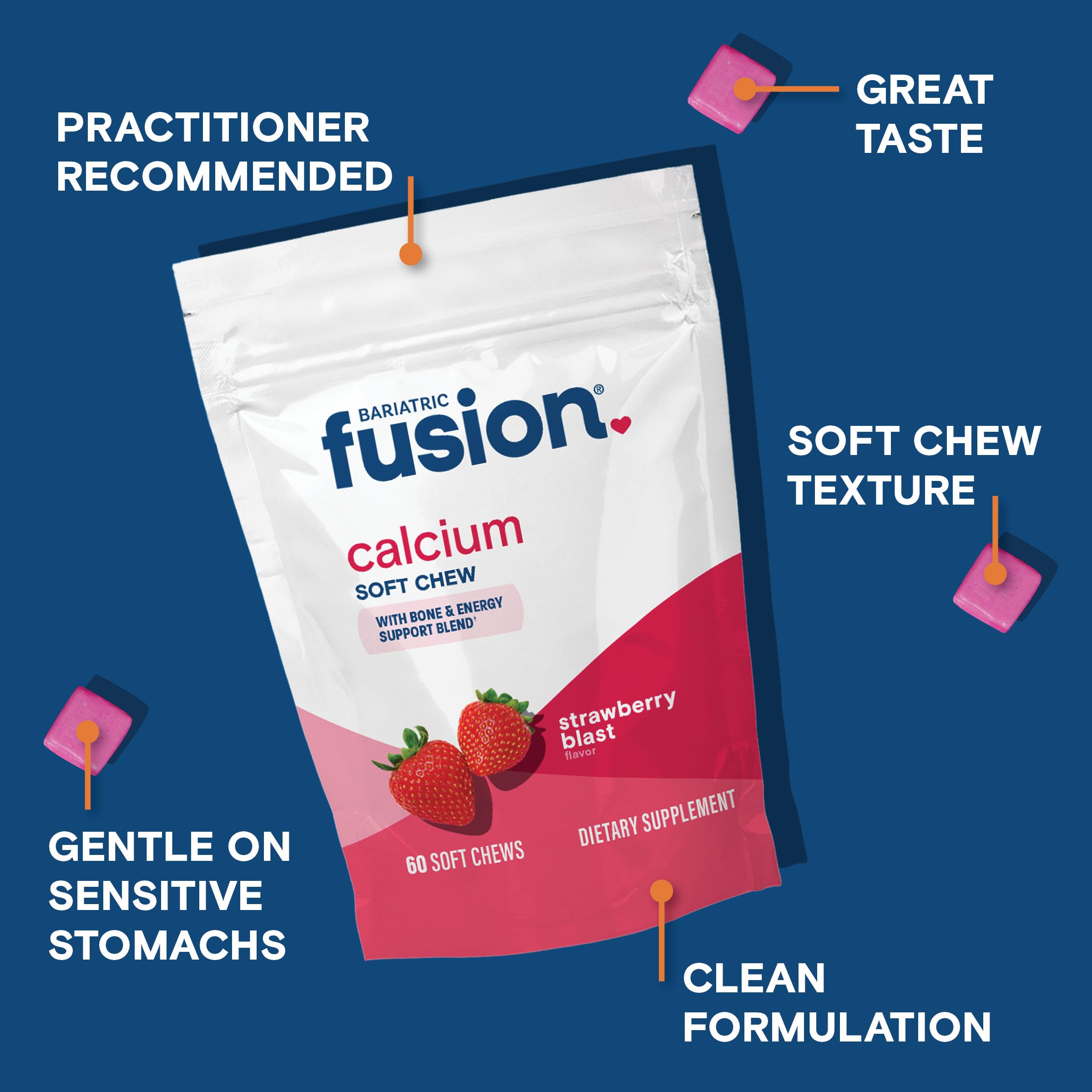 Bariatric Fusion tableta masticada en mano demostrando uso práctico y sabor fresa