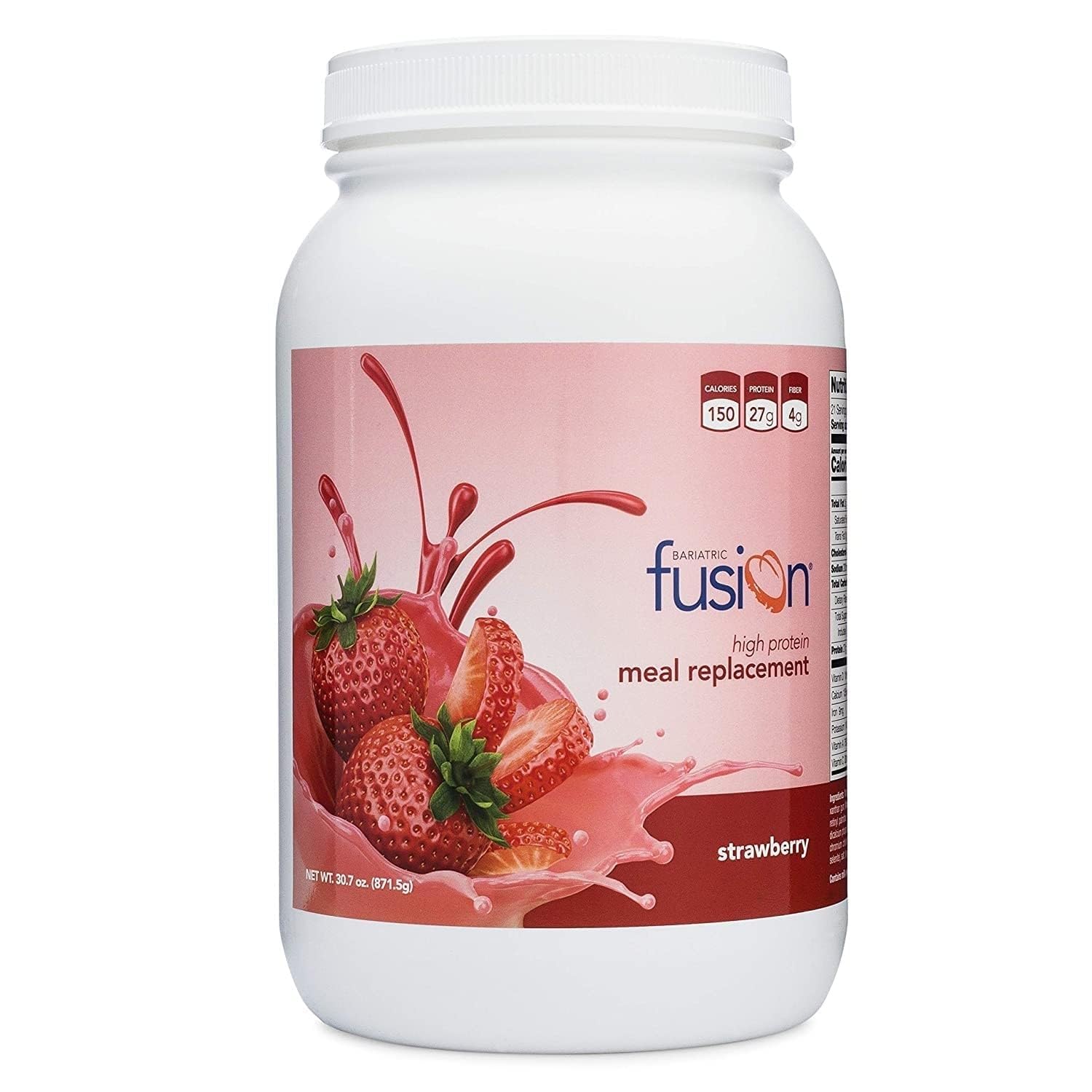 Bariatric Fusion envase frontal mostrando diseño y sabor fresa, beneficio praticidad