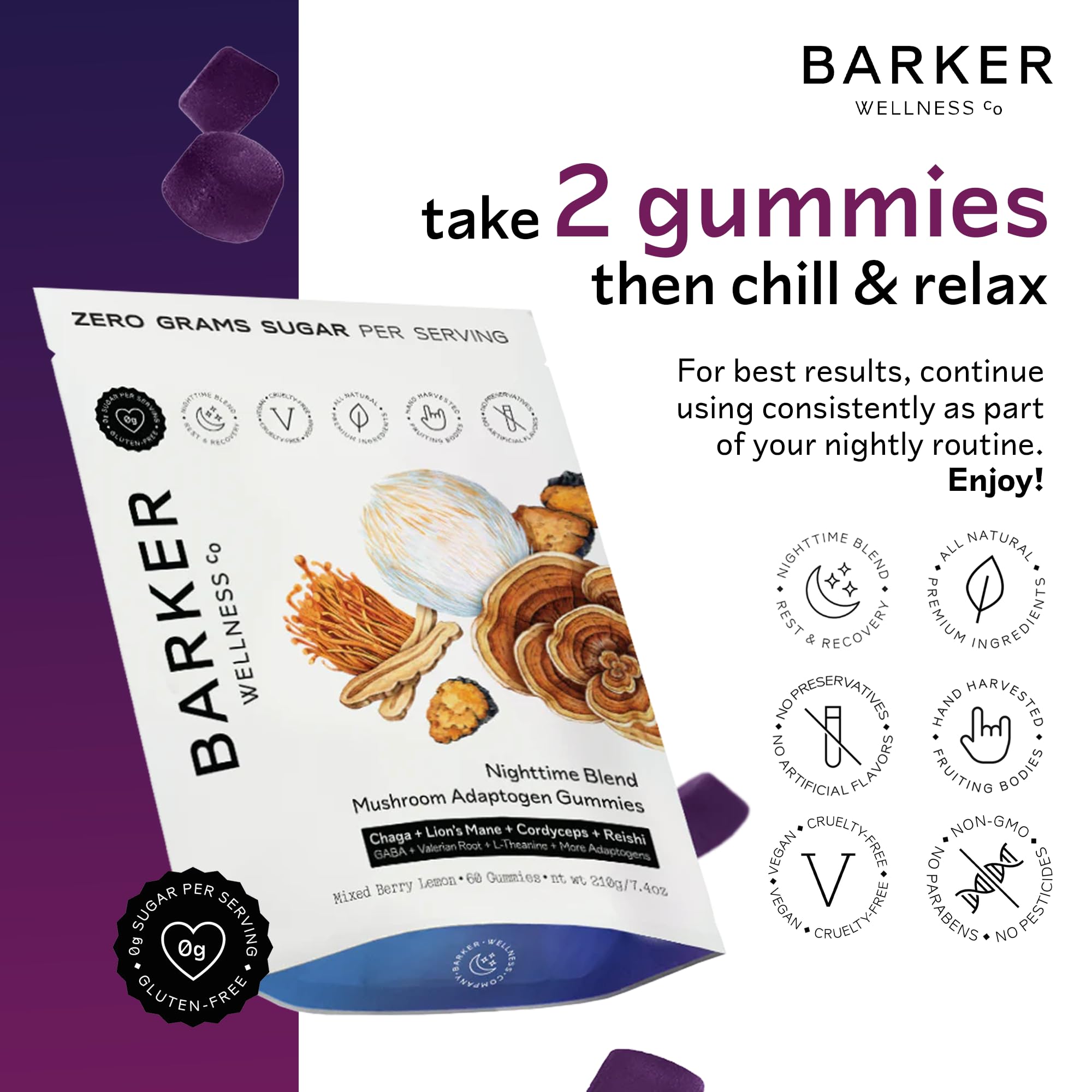 Barker Wellness gomitas en mano demostrando tamaño cómodo y uso nocturno