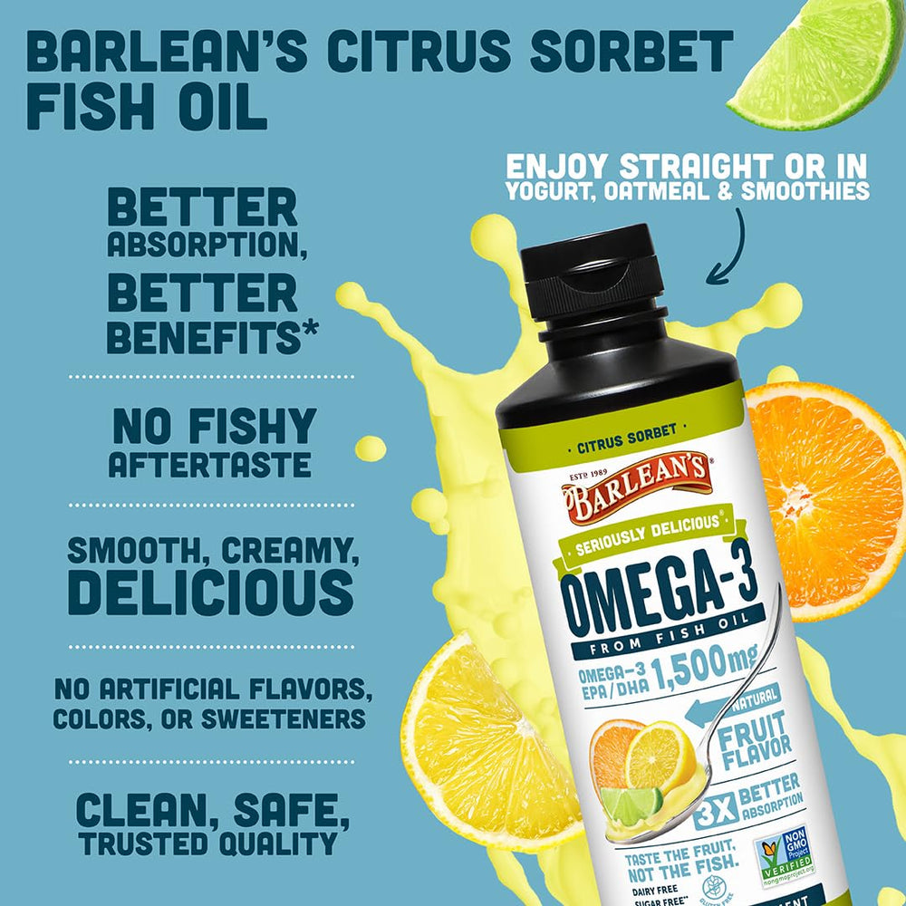 Barlean's botella 16oz junto a fruta para comparar escala, tamaño familiar