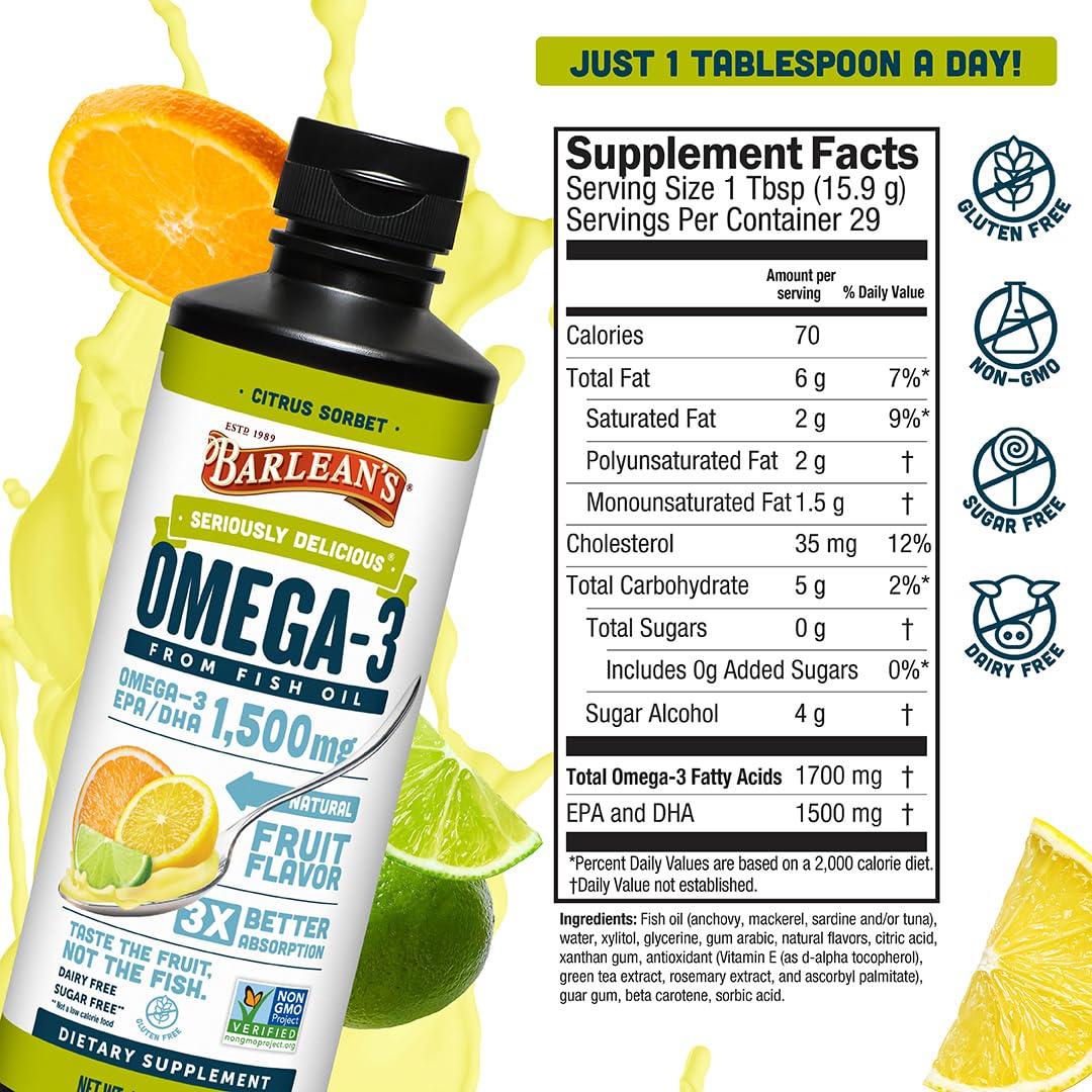 Barlean's detalle de etiqueta y tabla nutricional mostrando 1500 mg EPA+DHA
