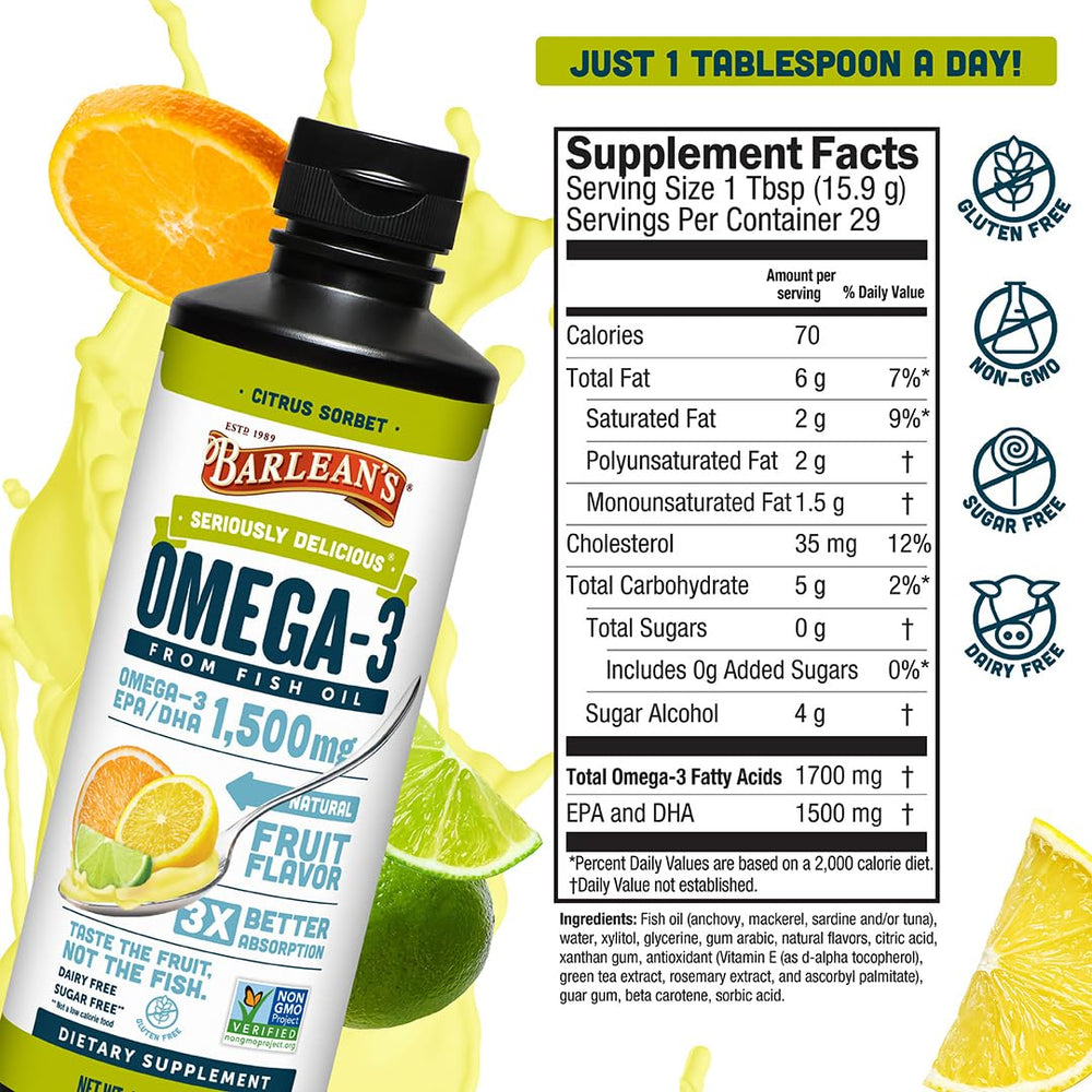 Barlean's detalle de etiqueta y tabla nutricional mostrando 1500 mg EPA+DHA
