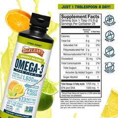 Barlean's detalle de etiqueta y tabla nutricional mostrando 1500 mg EPA+DHA
