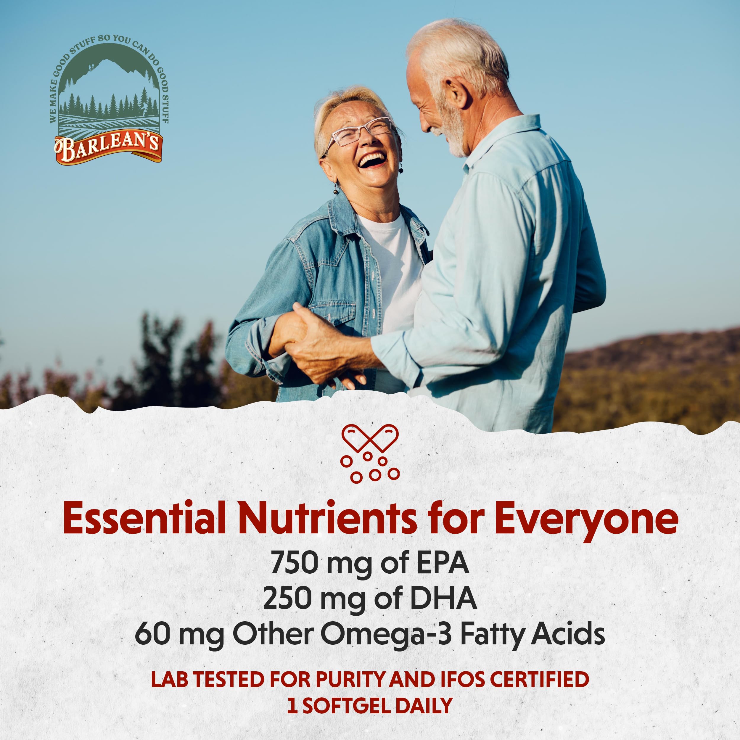 Etiqueta Barlean's con información nutricional y pruebas de pureza IFOS visibles