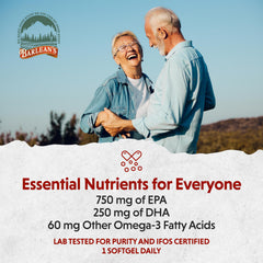 Etiqueta Barlean's con información nutricional y pruebas de pureza IFOS visibles