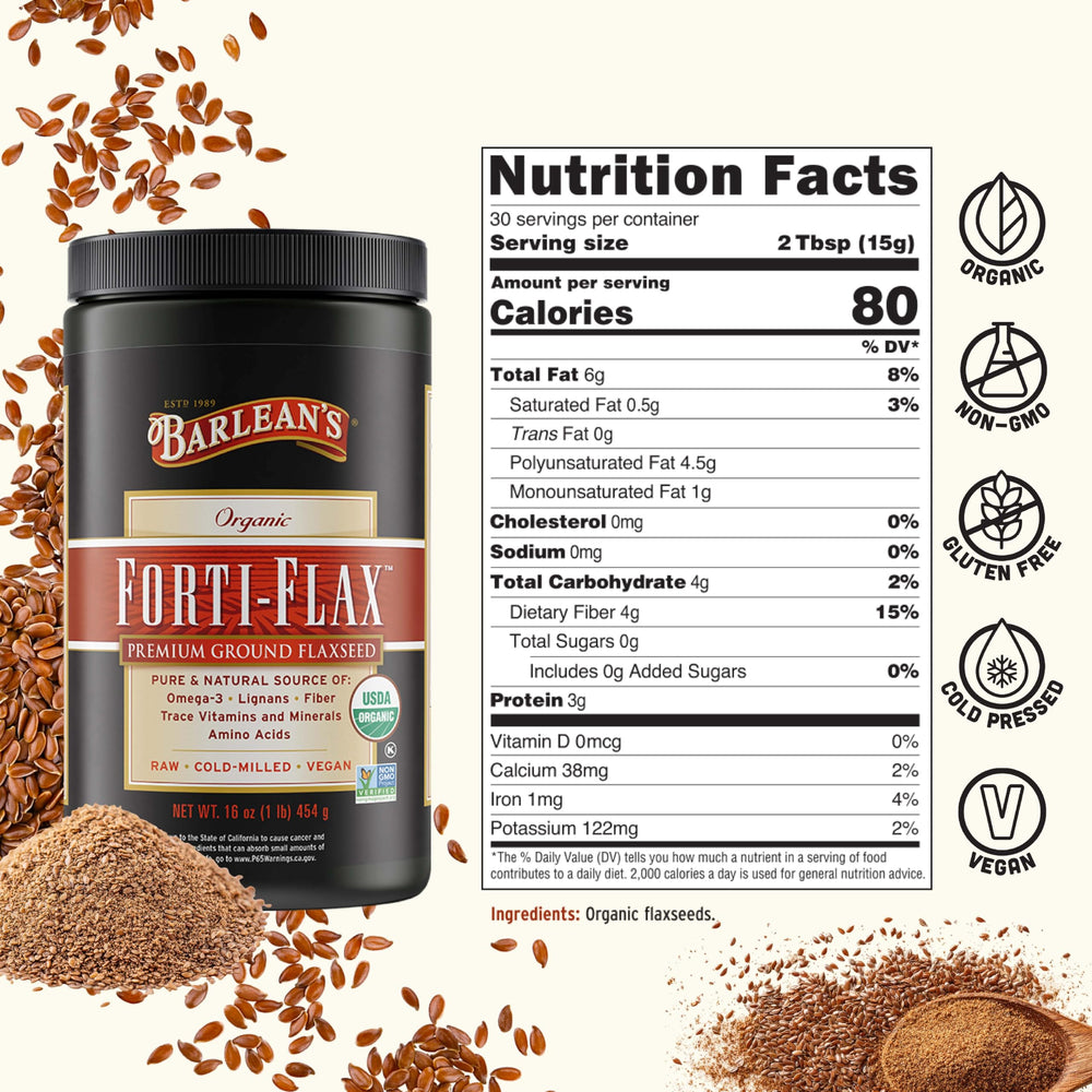Barlean's Forti‑Flax etiquetas de certificación orgánica y Non‑GMO visibles
