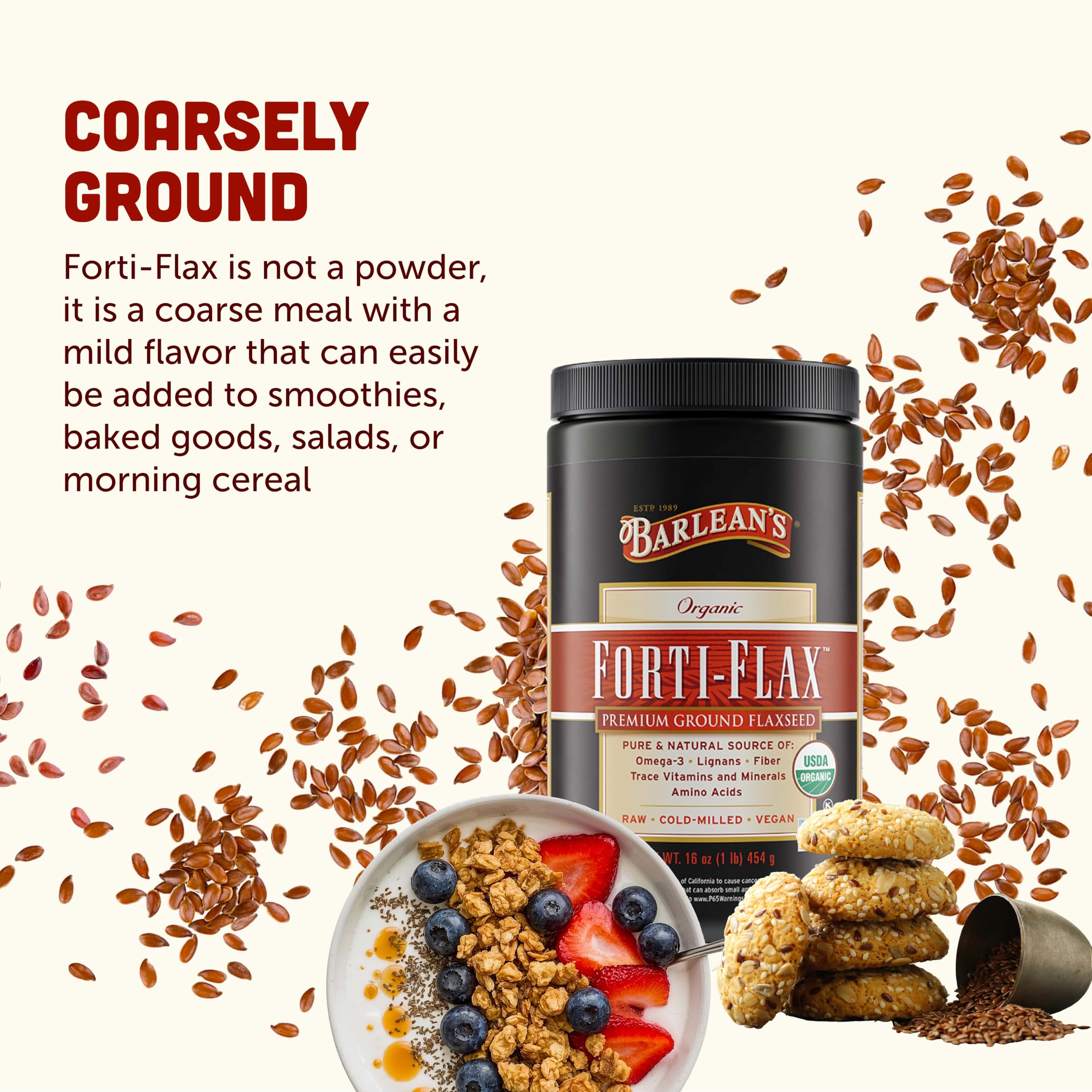 Barlean's Forti‑Flax espolvoreado sobre avena para mayor fibra y saciedad