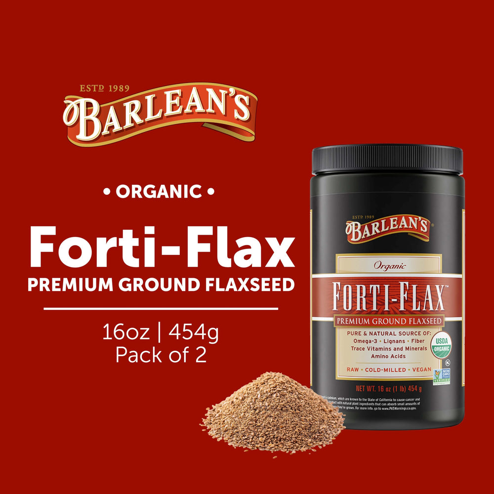 Barlean's Forti‑Flax detalle de tapa y etiqueta con información nutricional clara