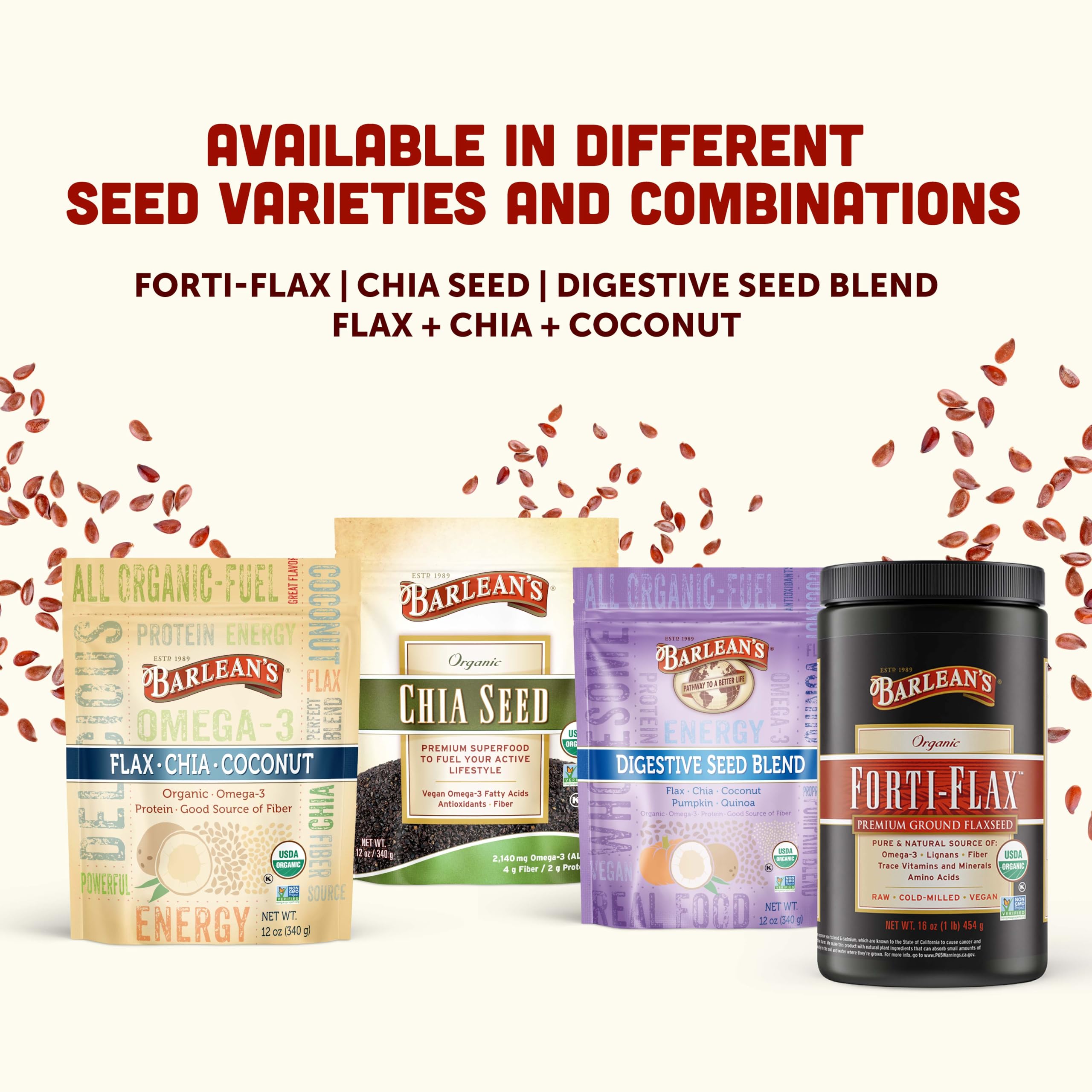 Barlean's Forti‑Flax en uso en cocina junto a utensilios para recetas saludables
