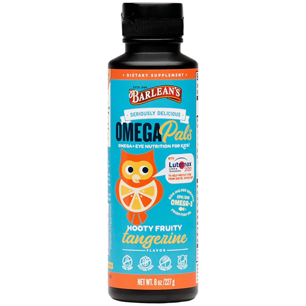 Barlean's frente del envase mostrando sabor mandarina y beneficios